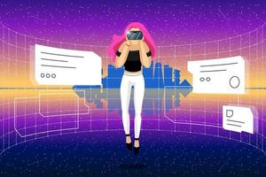 mujer joven con casco vr que se conecta a la realidad virtual del metaverso de tecnología futurista con un paisaje urbano abstracto en el horizonte. chica en la interfaz futura paisaje de la ciudad cyberpunk 3d. meta ciberespacio. eps vector