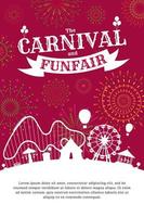 Carnival funfair poster with firework on red sky. Amusement park silhouette with circus, carousels, roller coaster, attractions on fireworks sparkles rays background. Fun fair festival vector placard