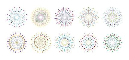 Firework sparkle ray set. Radiant sunburst abstract collection. Different shine sunrays or fireworks sparkles rays. Sunlight circle graphic design elements. Colorful multiple sun light burst options vector