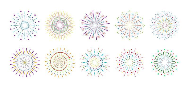 Firework sparkle ray set. Radiant sunburst abstract collection. Different shine sunrays or fireworks sparkles rays. Sunlight circle graphic design elements. Colorful multiple sun light burst options