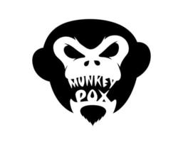 cabeza negra de mono con concepto de inscripción de viruela del mono. Letras de brote de enfermedad de infección de primat pox en la cara. signo de gorila enojado. mono feroz mpv mpvx peligroso pandemia vector eps símbolo