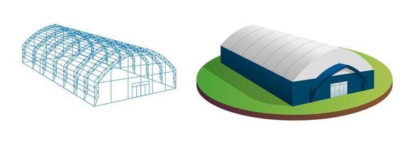 Temporary industrial 3d tent and barn construction building wireframe set. Awning tarpaulin warehouse hangar. Commercial exhibition tunnel hall. Factory production distribution or storage concept. Eps