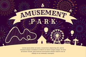 Amusement park poster with firework on night sky. Carnival funfair with circus, carousels, roller coaster, attractions on fireworks sparkles rays background. Fun fair festival vector eps banner