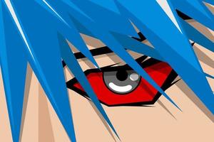 Anime comic strip pretty boy or girl face with red eye and blue hair. Manga comics book hero art background concept. Vector cartoon look eps illustration