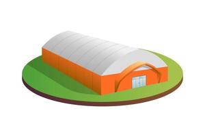 carpa industrial temporal edificio 3d. almacén de lonas para toldos hangar. construcción de granero de sala de túnel de exhibición comercial. bienes de distribución de producción en fábrica o concepto de almacenamiento. pasos vectoriales vector