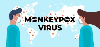 Monkeypox virus world alert attack and doctors banner concept. Monkey pox infection disease outbreak on Earth with medical staff doctor and nurse. MPV MPVX danger and public health epidemic risk. Eps vector