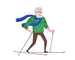 Older man skiing. Elderly male on skis winter activity. Old grandpa healthy lifestyle. Retired granddad sport moving. Cheerful senior pensioner leisure. Active fun grandfather vector eps illustration