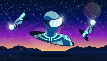 Future digital technology metaverse abstract concept. Man wearing virtual reality glasses in futuristic 3d landscape universe. Person with VR helmet in meta cyber space vector eps illustration