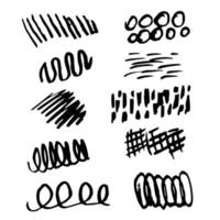 Hand-drawn simple vector set. Sketch, doodle, curls, zigzag, strokes, stripes for creating patterns, design. Black outline on a white background.