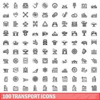 100 transport icons set, outline style vector