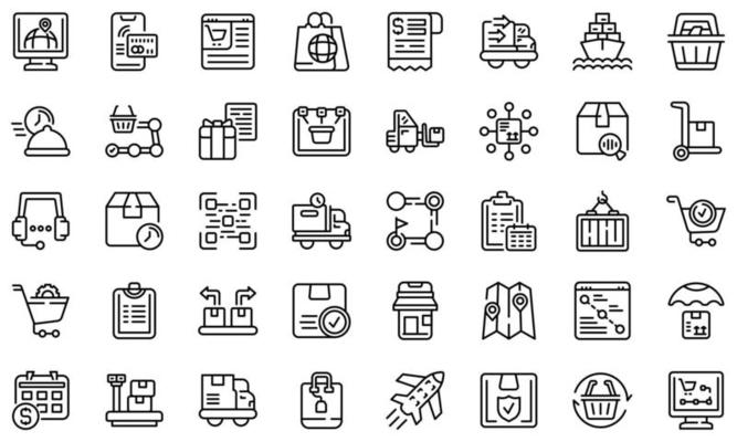 Ordering process icons set, outline style