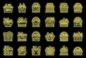 cesta de picnic, iconos, conjunto, vector, neón vector