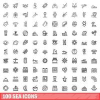 100 sea icons set, outline style vector