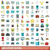 100 study icons set, flat style vector