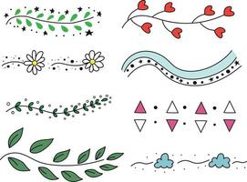 divisor doodle colección hojas, corazón, margaritas, olas con estrellas, rama, nubes vector