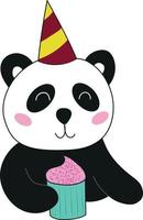 panda garabatos en gorra festiva y con cupcake celebra cumpleaños vector