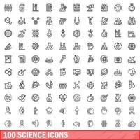 100 science icons set, outline style vector