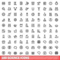 100 science icons set, outline style vector