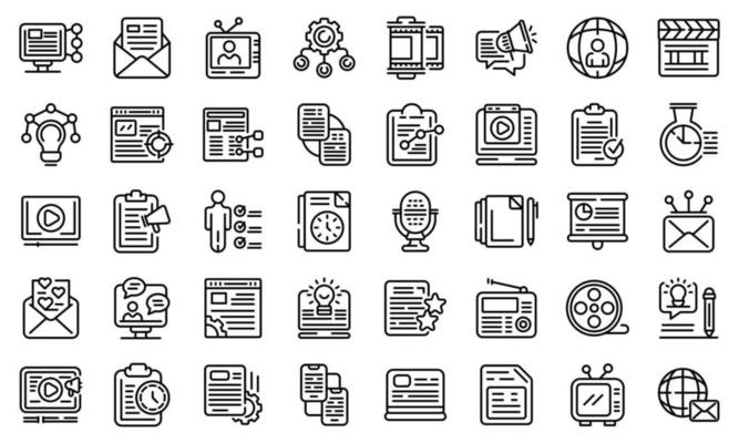 Social project icons set, outline style