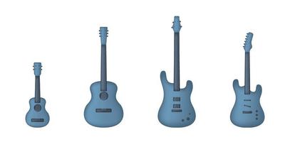 Set of blue acoustic and electric 3d guitars isolated on white background. Vector illustration