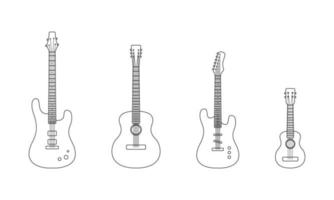 Set of outline guitars. Acoustic, electric, bass guitar and ukulele isolated on white background. Vector illustration