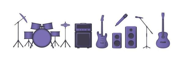 Big purple 3d set of musical instruments isolated on white background. Acoustic and electric guitar, amplifyer, drum kit, sound speakers and microphones. Vector illustration