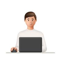 Young man working and studying on laptop computer. 3d character Isolated on white background. Online learning or remote work concept. Vector Illustration