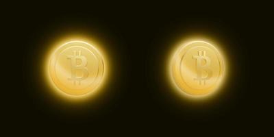 Set of gold bitcoin token coins with a bright glow on dark background. Electronic golden cryptocurrency. Vector illustration