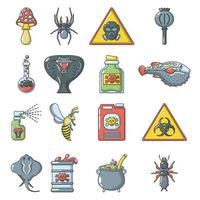 Poison danger toxic icons set, cartoon style vector