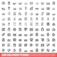 100 conjunto de iconos de entrega, estilo de esquema vector