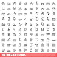 100 device icons set, outline style vector