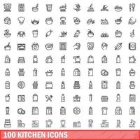 100 iconos de cocina, estilo de esquema vector