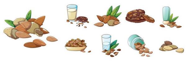 Almond icons set, cartoon style vector