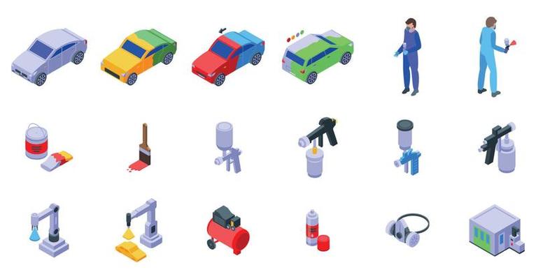 Car painting icons set isometric vector. Spray garage