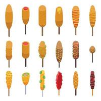 Corn dog icons set isometric vector. American carnival vector