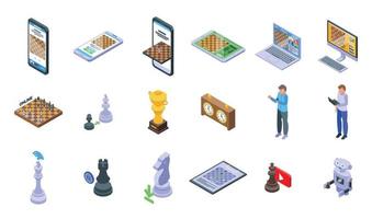 Online chess game icons set isometric vector. People tournament