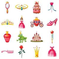 Princess fairytale doll icons set, cartoon style vector