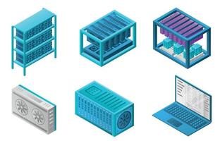 Mining farm bitcoin icons set, isometric style vector