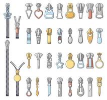 Metal zipper puller icons set, cartoon style vector