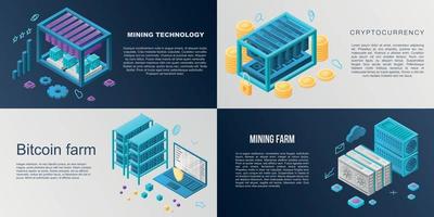 Mining farm banner set, isometric style vector