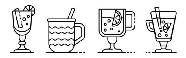 conjunto de iconos de vino caliente, estilo de esquema vector