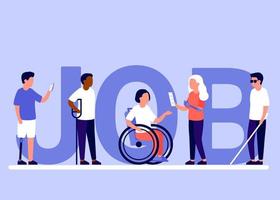 Search job for people with disability and inclusion vacancy, employment, go to career. Person disability on wheelchair and with other health restrictions. Team seek opportunity, want to work. Vector