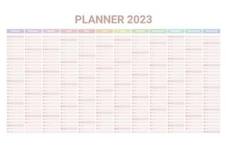 Planner English calendar of 2023 year, template schedule calender with 12 vertical months on one page. Wall organizer, yearly planner template. Vector illustration