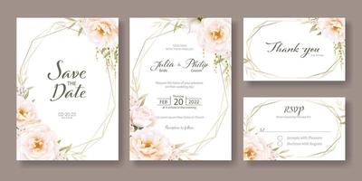 Set of floral wedding Invitation card, save the date, thank you, rsvp template. Vector. Romantic rose with greenery. vector