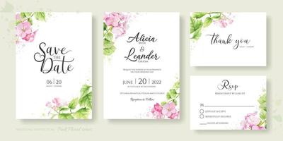 conjunto de tarjeta de invitación de boda floral, guarde la fecha, gracias, plantilla rsvp. hortensia, flor rosa y vegetación. estilo acuarela vector