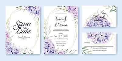 invitación de boda, guardar la fecha, gracias, plantilla de diseño de tarjeta rsvp. vector. flores de hortensia, hojas de olivo. estilo acuarela vector