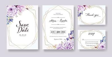 Wedding Invitation, save the date, thank you, rsvp card Design template. Vector. purple rose flowers, Silver dollar leaves.