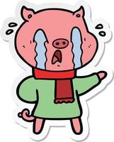 sticker of a crying pig cartoon wearing human clothes vector