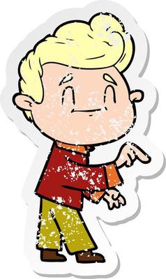 distressed sticker of a happy cartoon man making point