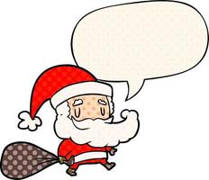 cartoon santa claus carrying sack of presents and speech bubble in comic book style vector